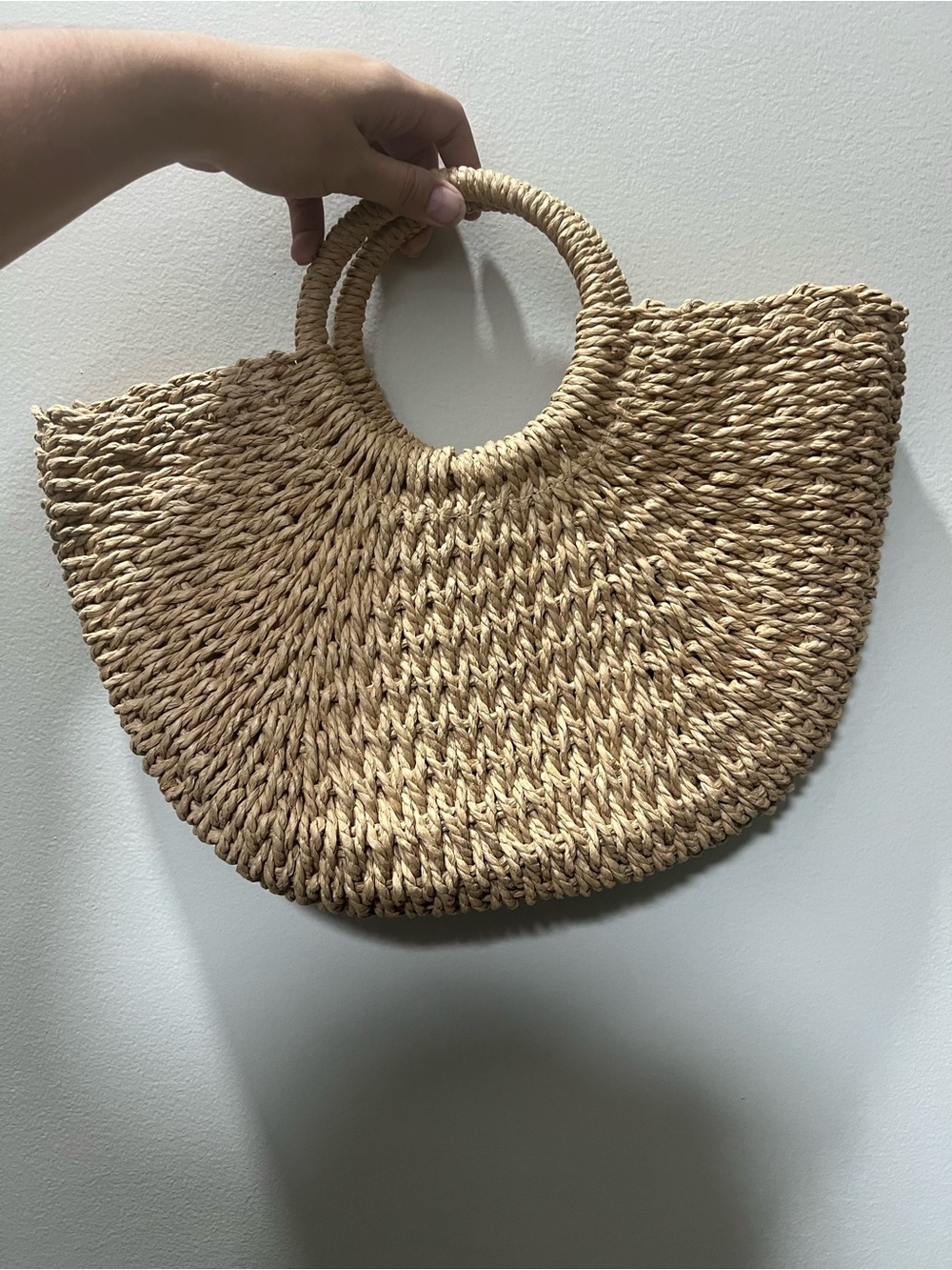 Woven Straw Half-Moon Tote Bag - Natural